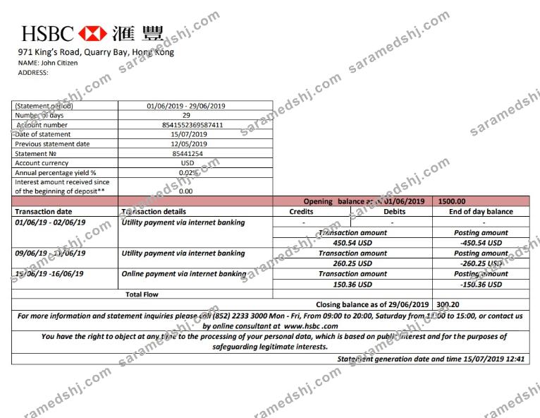 Hong Kong HSBC bank statement easy to fill template in Word and PDF format